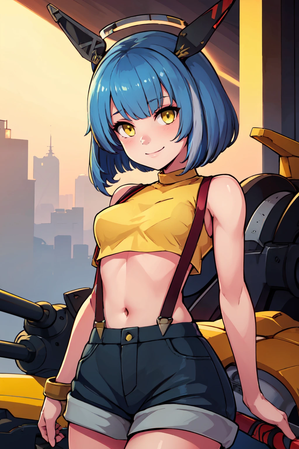 ((masterpiece,best quality)), absurdres,  BREAK, , <lora:Gascogne_Azurlane:0.7>,  zzGascogne, blue hair, short hair, yellow eyes, headgear, bangs, multicolored hair, streaked hair, mechanical halo, , BREAK,  <lora:Misty_Pokemon_Cosplay_v3:0.8>,  misty (pokemon) (cosplay), yellow crop top, suspenders,, BREAK, solo, smile, looking at viewer, cowboy shot,