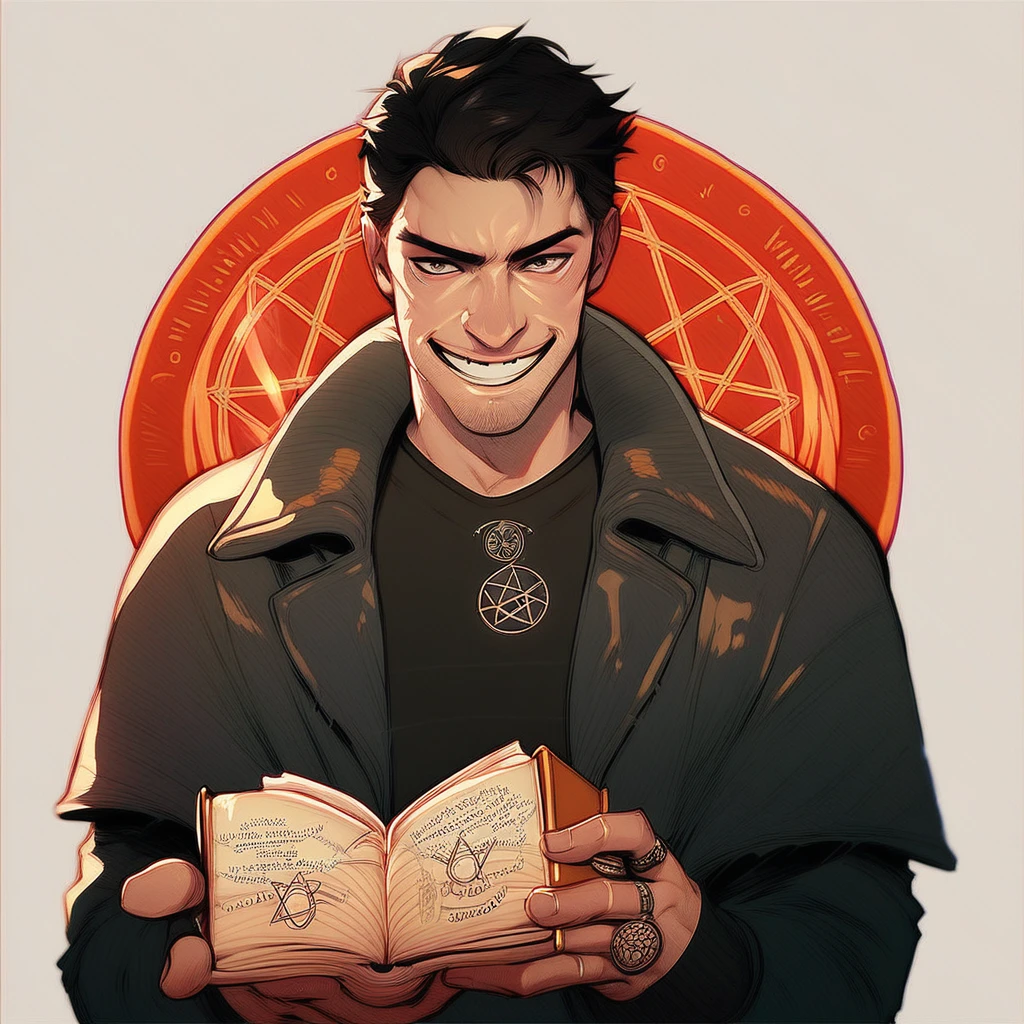 score_9, score_8_up, score_7_up, score_6_up, harry dresden, 1boy, male focus, solo, jewelry, black hair, smile, ring, book, jacket, hexagram, grin, facial hair