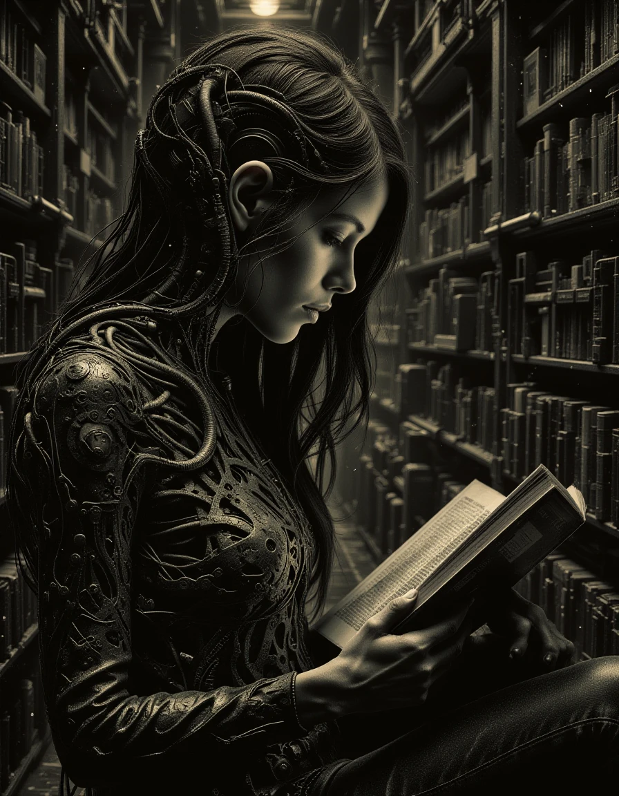 a woman reading a book in a library  <lora:The_Dark_Side_Of_The_Future:0.8>