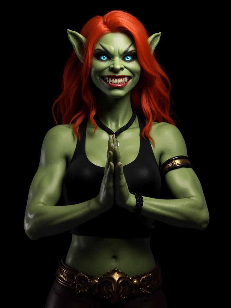 An orc woman stands against a stark black backdrop. The figure's face is adorned with a green face, adorned with sharp white teeth, a black necklace, and a black and gold necklace. Her long, wavy red hair cascades over her shoulders, framing her face. Her eyes are a piercing blue, adding a pop of color to the otherwise monochromatic scene. Her hands are positioned in a way that creates a striking contrast to her figure's outfit. She is wearing a black tank top with a gold belt around her waist. Her arms are muscular, adding to the overall composition.