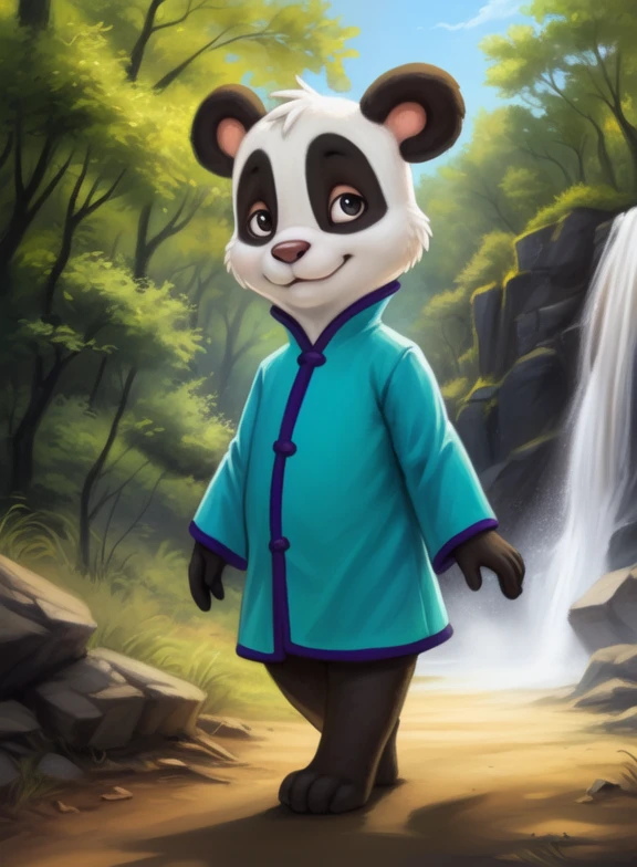 <lora:LingLingAmyRosMilPowYif:1> LingLingAmyRosMilPow, Panda, chibi, small body, blue robe with purple edges,
Looks at the viewer, [  solo, (nature), forest, day, clouds, waterfall,]  (( walking, ))
(beautiful, aesthetic, perfect, delicate, intricate, saturated colors), masterpiece, digital drawing, best quality,
[by kenket|by totesfleisch8], by thebigslick:by silverfox5213:0.8], [by syuro, by paloma-paloma::0.2, (Tricksta, TotesFleisch8)