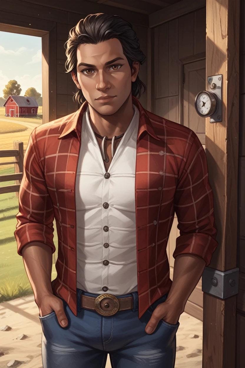 score_9, score_8_up, score_7_up, score_6_up
<lora:AC3Conner:1>
AC3Conner, 1boy, black hair, brown eyes, looking at viewer, leaning against a rustic barn door, wearing a flannel shirt and jeans, golden fields in the background, late afternoon light, warm and inviting mood