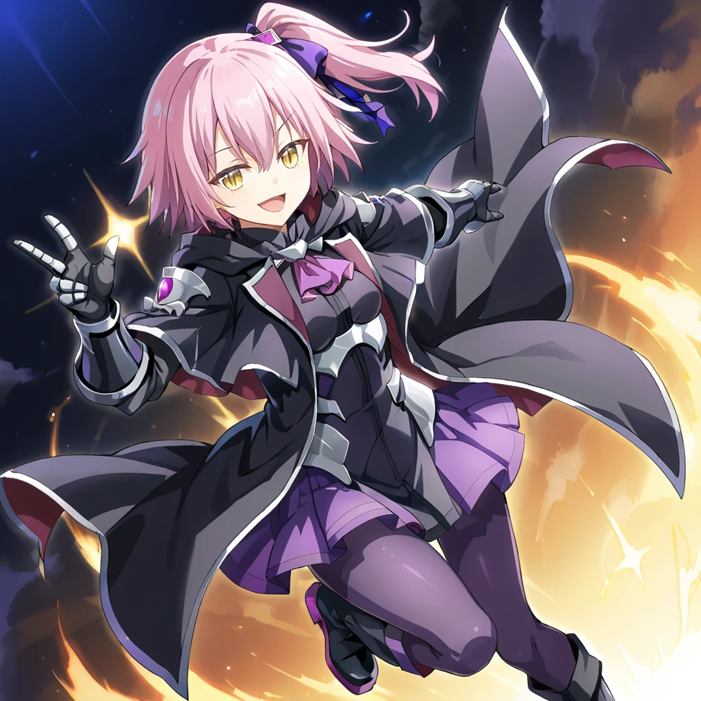 1girl, solo, ultima, slit pupils, pink hair, purple hair, short hair, side ponytail, yellow eyes, bangs, hair between eyes, breasts, small breasts, purple ribbon, purple bow, hair ornament, black shirt, purple ascot, purple skirt, purple pantyhose, boots, black footwear, open jacket, black armored dress, black coat,  black jacket, gloves, black gauntlets, smile, open mouth, (smug:1.1), 
<lora:Ultima:0.8>