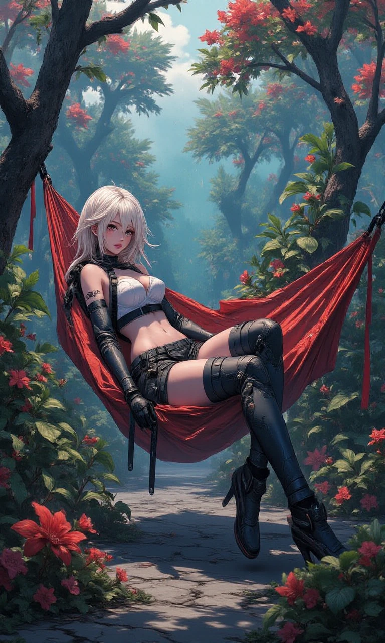 sexy, Supervillain Jessica lies in a hammock in a paradise blooming garden, athletic build, sporty type, slim body, elastic body, big breasts, big ass, sexy pose, languid gaze, fantastical, stylized,
 <lora:flux-dystopian-anime:1> fda77, triple exposure, mysticism, Guram Dolenjashvili style, three-dimensional watercolor, layered, threads and fibers, microfiber, 3d, the finest ink drawing, realistic, 1024k in Louis Royo style and Josephine Wall, cinematic expressiveness, ultra-fine brushstrokes, ultra-deep texture, remote image, large depth of field, clear focus, detailed background, chaotic lighting, deep cold colors, night scene, ultra hd, realistic, vivid colors, highly detailed, UHD drawing, pen and ink, perfect composition, beautiful detailed intricate insanely detailed octane render trending on artstation, 8k artistic photography, photorealistic concept art, soft natural volumetric cinematic perfect light