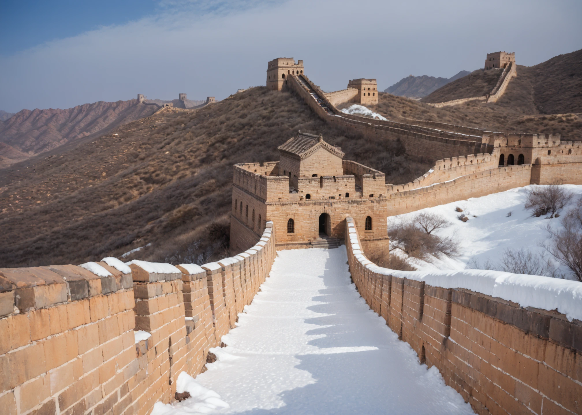 realistic, photorealistic, score_9,score_8_up,score_7_up, 
the Great Wall, beacon tower, desert, scenery, no humans, outdoors, sky, day, blue sky, architecture, snow,  building <lora:the-great-wall:1>