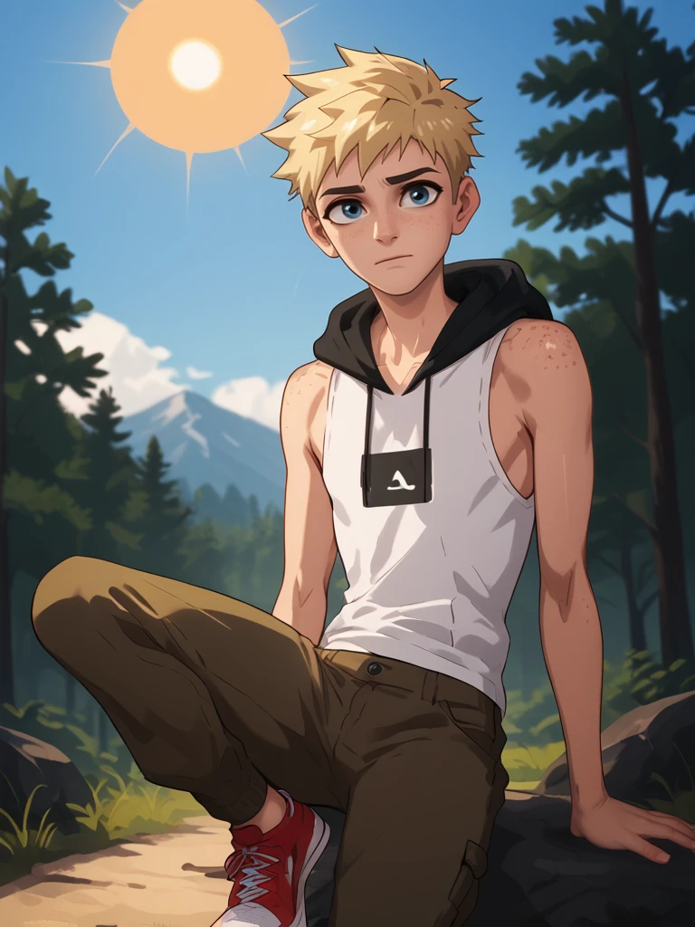 score_9,score_8_up,score_7_up,solo,fullbody,
(teenage:1.2),(1boy:1.2),(18yo:1.2),very short hair,blonde hair,blue eyes,freckles,freckles on body,skinny,(boyish face:1.1),masculin boy,
flat_chest,fit,sexy_male,(toned male:0.6),zPDXL3,strong_jawline,
white tanktop,black_hoodie,sleeveless_hoodie,cargo_pants sneakers,(closed mouth:1.1),
day,sun,sky,tree,(smile:0.7),looking_ahead,<lora:Tim_Becker:1>,(confused:0.7),posing,<lora:Expressive_H-000001 (1):1> Expressiveh,<lora:Smoother_Anime_Screencap_Art_Style_Pony_LORA:1> sm_an_stl ,source_anime, anime screencap, anime, animification,, looking_down