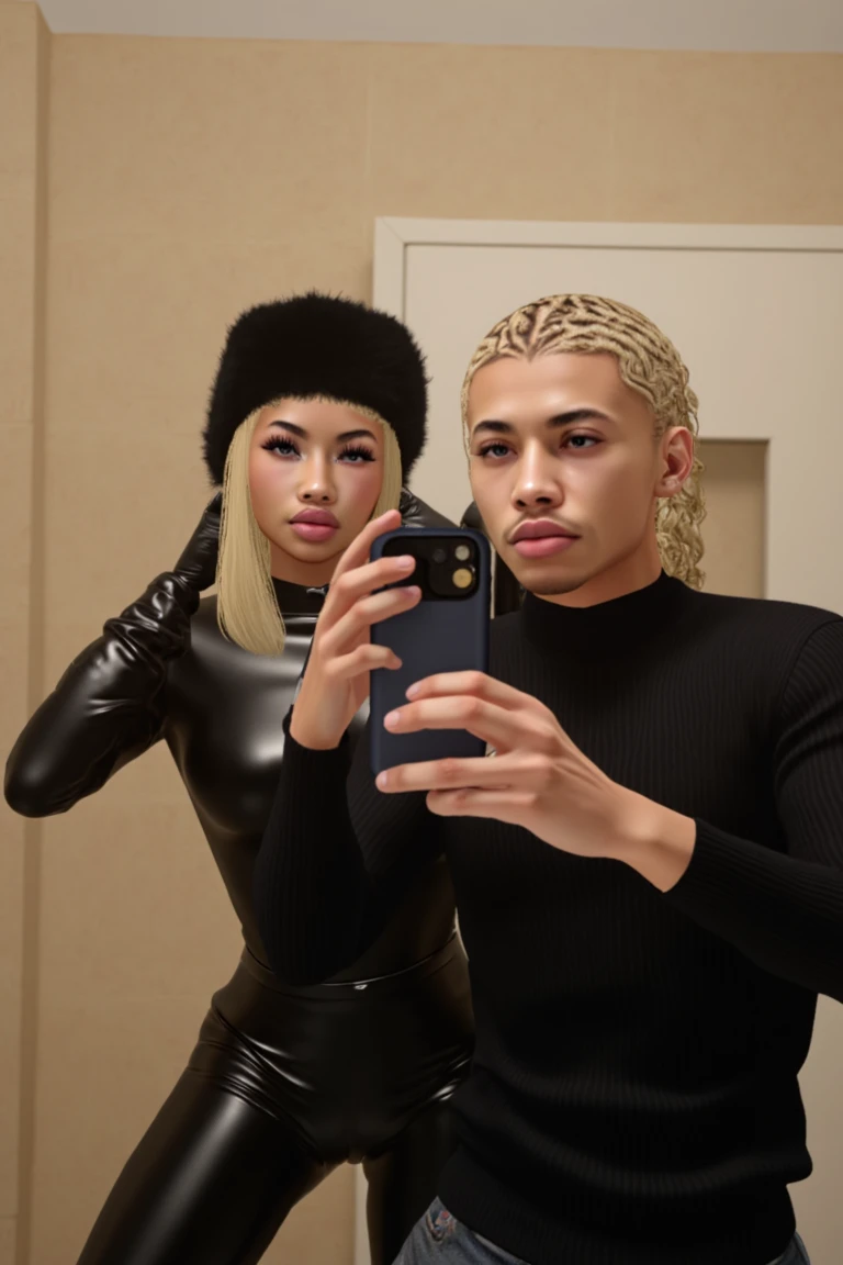 vu style, A digital rendering of two individuals in a bathroom setting. The woman on the left is wearing a black leather outfit with a fur hat, and she has a surprised expression on her face. The man on the right is dressed in a black turtleneck and has curly hair. He is holding a smartphone, capturing the moment. The bathroom has a beige tiled wall and a white door in the background. The style of casual and candid, with a focus on the subjects' expressions and poses.