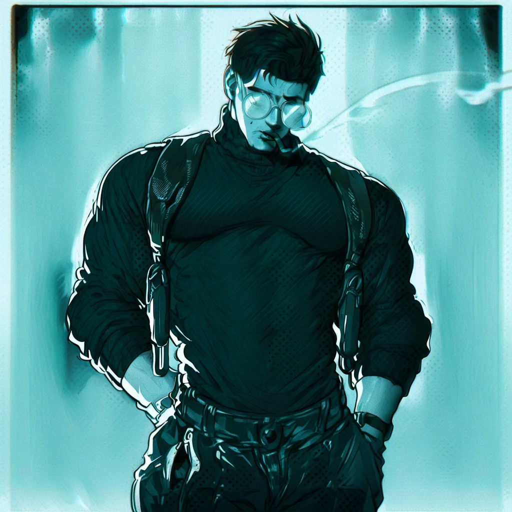 score_9, score_8_up, score_7_up BREAK smnoir, 1boy, glasses, shoulder holster, wristwatch, short hair, muscular, holster, muscular male, cigarette, round eyewear, belt, gloves, turtleneck, smoking, sweater, black pants, pectorals, slicked back, solo, male