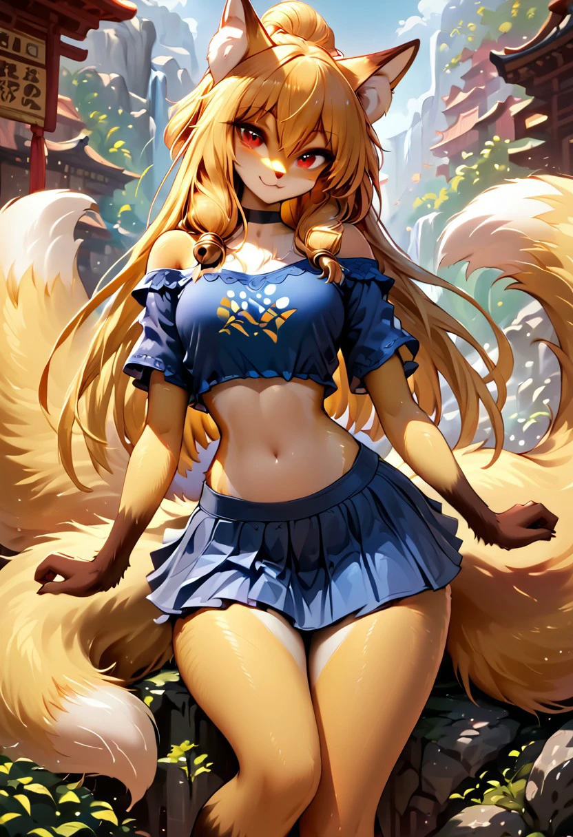 very detailed, hyper detailed, detailed clothes, high resolution illustration, score_9, score_8_up, score_7_up, 1girl, tail raised, furry female, fox tail, smile, long hair, hair bell, only furry, furry girl, animal ears, 1tail, seductive smile, red eyes, yellow hair, long hair, thin, slim,  small breasts, narrow waist, bare shoulders, off-shoulder shirt, crop top, black choker, blue skirt, pelvic bone, lowleg skirt, short skirt, rock background, detailed background, thighs, sexy, looking at viewer, yellow body, joyful, light smile,