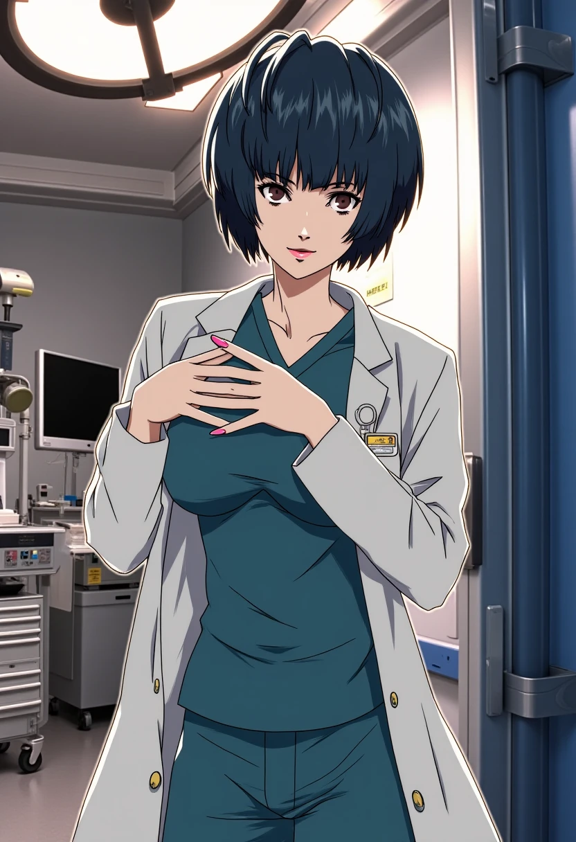 Anime style, sharp, high contrast and highly detailed. Ghibli anime style. Perfect anatomy. Perfect body ratio. No oversized head. No blurry, out of focus pictures. No simple background, no single color background.
A beautiful female doctor takemi_tae. She is standing in front of a hospital operating room entrance. She wears a surgical scrub, with arms folding in front of her chest. She is looking at the camera with a professional yet slightly haughty look. In the background, inside the operating room, there is a large shadowless light on the ceiling, and operating table and other medical equipment.
She is 154 cm, cowboy shot.
 <lora:Tae Takemi_epoch_5:1>