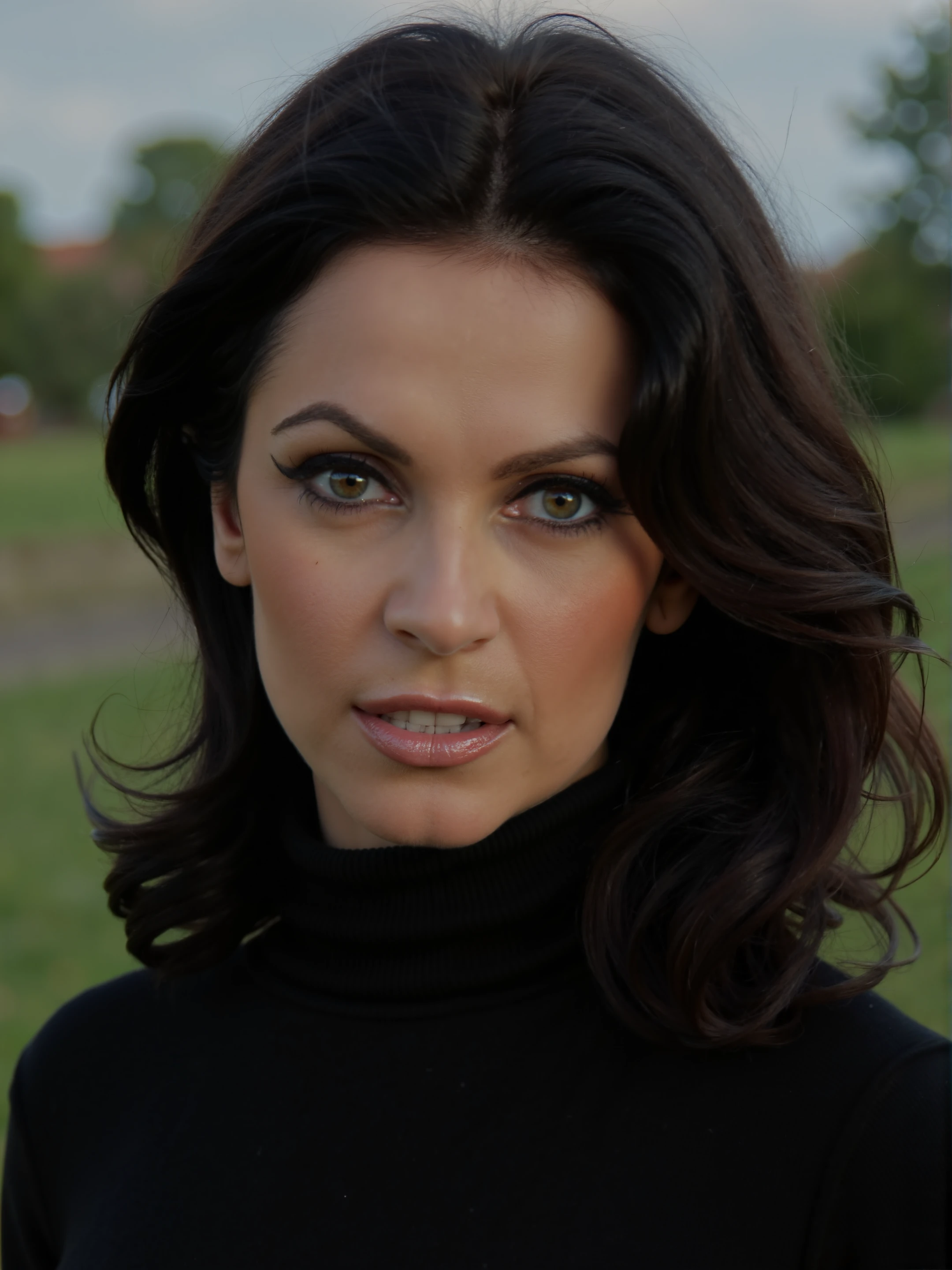 closeup shot of a beautiful woman outdoors.
The woman is looking at the viewer with a serious face.  She is wearing a black turtleneck jumper. She has long dark wavy hair.
fine art photography, film still, movie scene