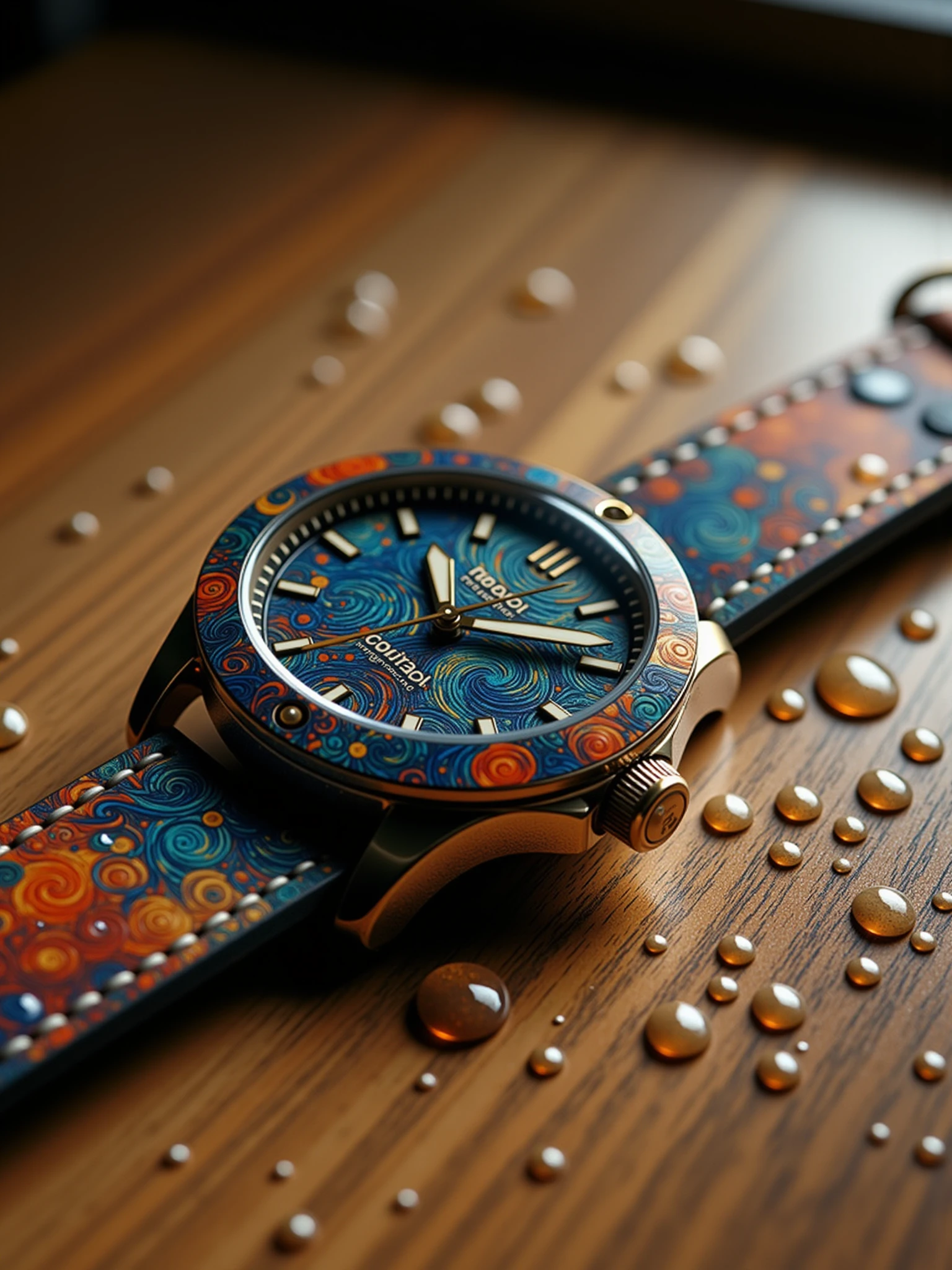 close-up of a mad-clrflvngghn watch with leather wristband lying on a wooden table and covered with water droplets, spotlight, reflection  <lora:colorful-vangoghian-pattern-flux:1>