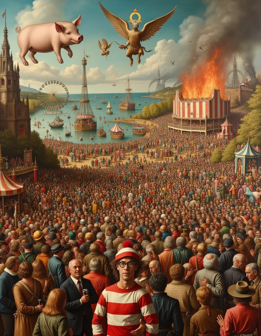 <lora:Wheres_Hieronymus_V3:1>  realistic painting, highly detailed and sharp, hundreds of people, a flying pig, saint Augustine, a procession of trumpeters. a fairground, rides and games on the waterfront. scene takes place in the pits of Hell.  Where's Waldo is hiding in the middle of the crowd wearing a red and white stripped shirt, hat and glasses.