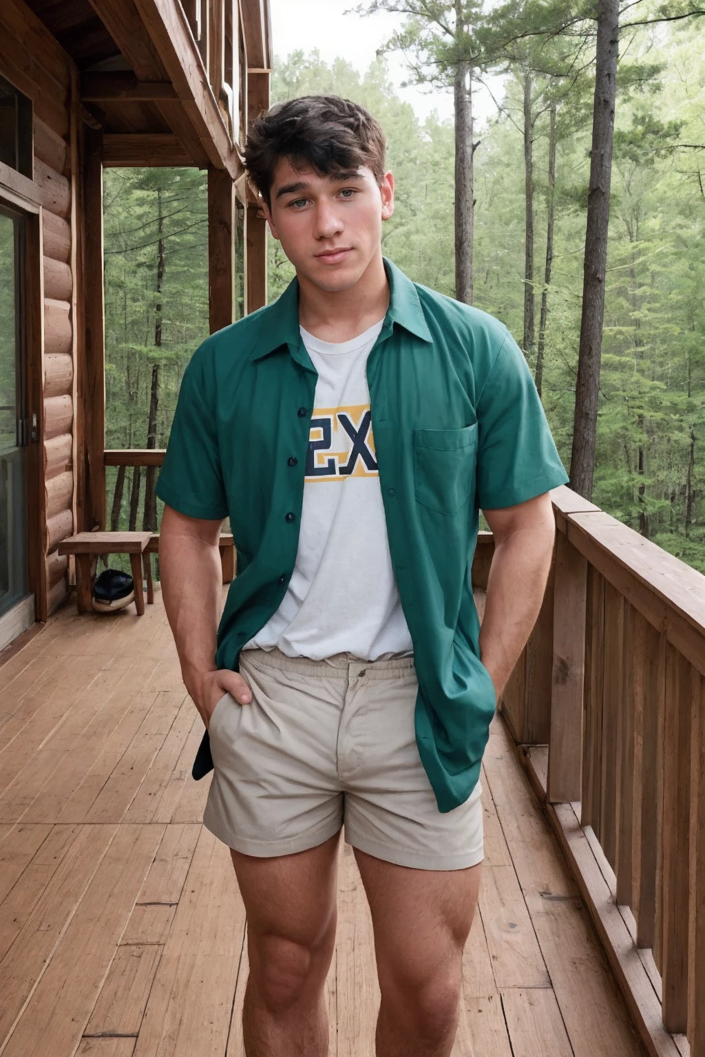 <lora:ethan_wilson_epoch_9:0.8>,  ethanwilsonperson, standing on wood cabin porch, outdoors, forest, wearing shirt and shorts, (relaxed smile:0.6), adventurous, shot by Bruce Weber