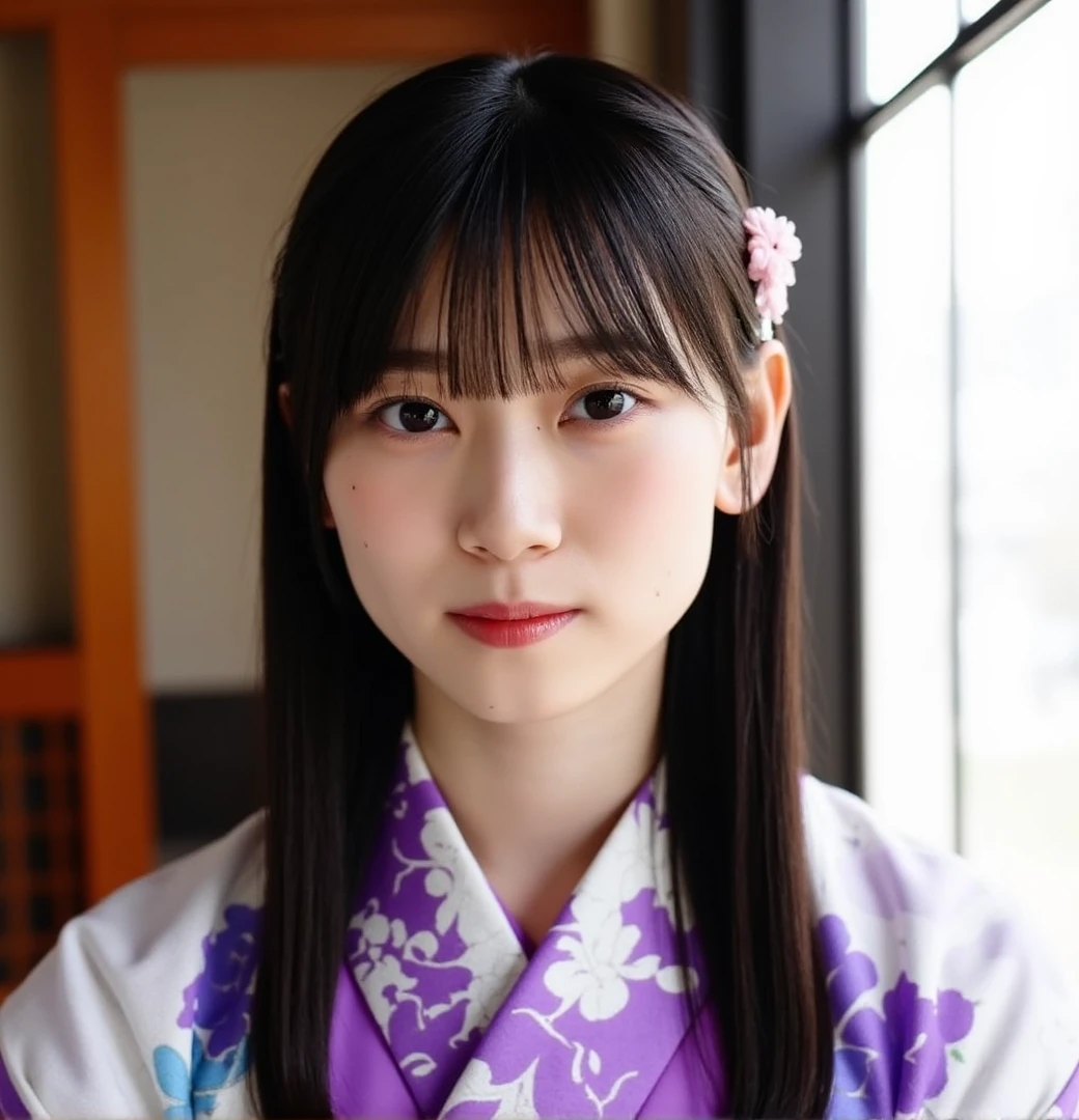 shizuki, The image is a close-up portrait of a young woman with long black hair and bangs. She is wearing a purple and white kimono with a floral pattern. Her hair is styled in a half-up, half-down style with bangs framing her face. She has a small pink flower in her hair, which is attached to her right ear with a silver clip. The woman is looking directly at the camera with a serious expression. The background appears to be a room with wooden walls and a window.