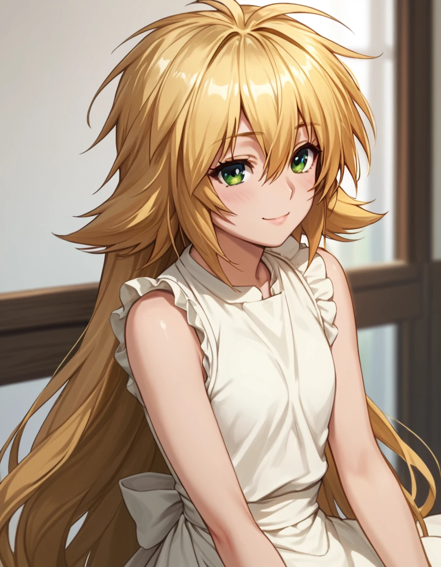 Kusano, blonde hair, hair between eyes, bare shoulders, very long hair, green eyes, sleeveless, white dress, apron, score_9, score_8_up, score_7_up, score_6_up, score_5_up, score_4_up, source_anime  ,<lora:SekireiSet1:1>, soft smile, portrait,