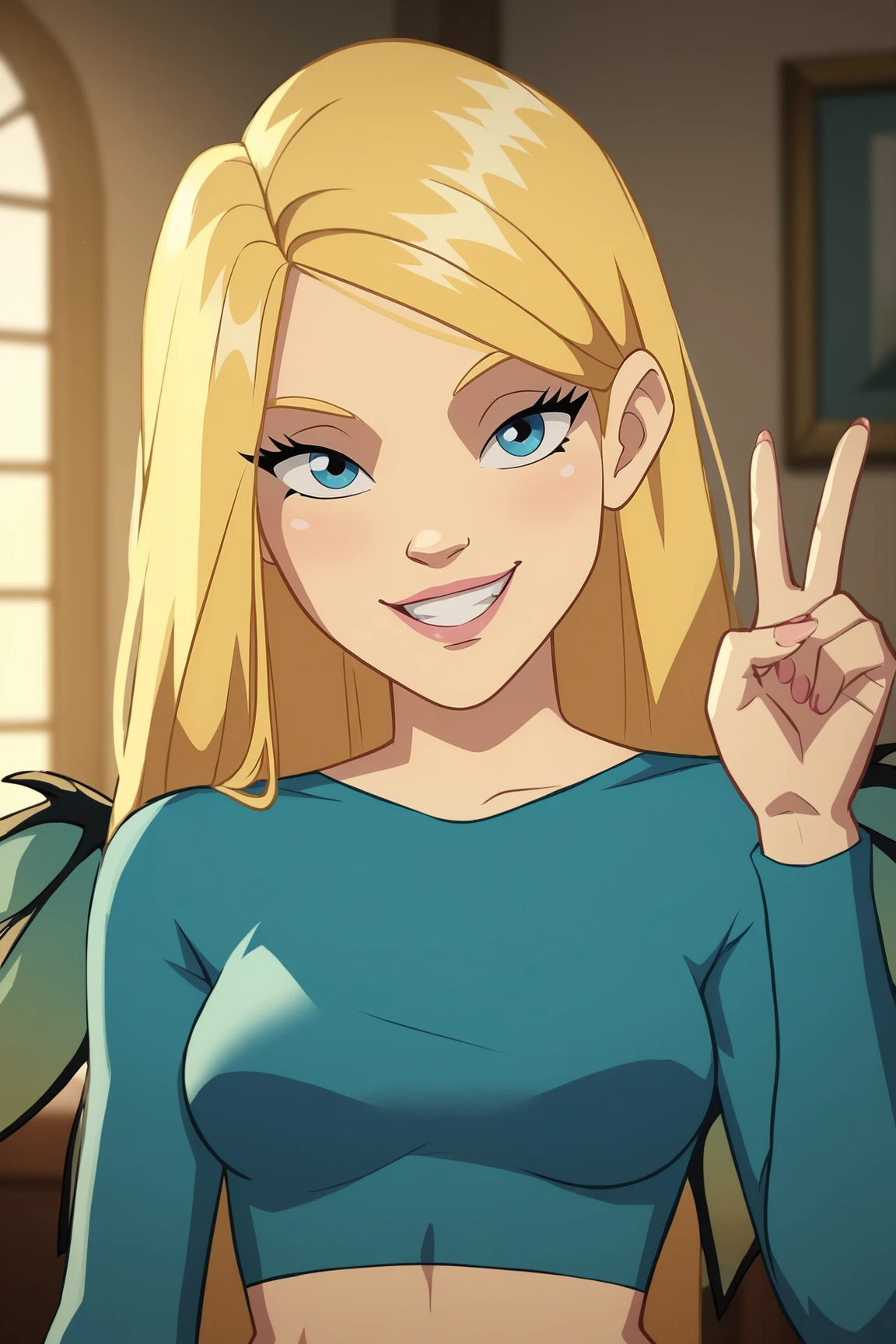 score_9, score_8_up, score_7_up, score_6_up, BREAK, CorneliaHaleWITCHXL, blue eyes, blonde hair, long hair, medium breasts, wings, aqua crop top, long sleeves, (solo), front view, peace sign, (portrait, upper body), seductive smile, looking at viewer, indoors <lora:CorneliaHaleWITCHXL:1>