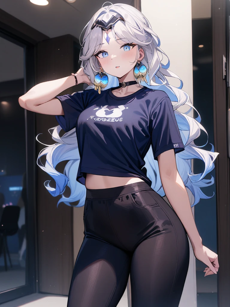 1girl,solo,furozesu,cowboy shot,,alternate_costume,white hair,t-shirt,casual T-shirts,yoga_pants,<lora:furozesu-000012:0.8>, masterpiece, best quality, very aesthetic, absurdres