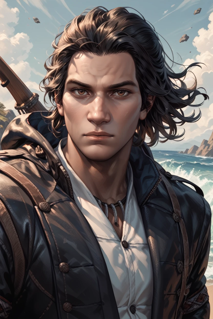 score_9, score_8_up, score_7_up, score_6_up
<lora:AC3Conner:1>
AC3Conner, 1boy, black hair, brown eyes, looking at viewer, male model in a black leather jacket, standing on a rugged coastline, wind-swept hair, dramatic sky, waves crashing against rocks, intense expression, monochrome tones