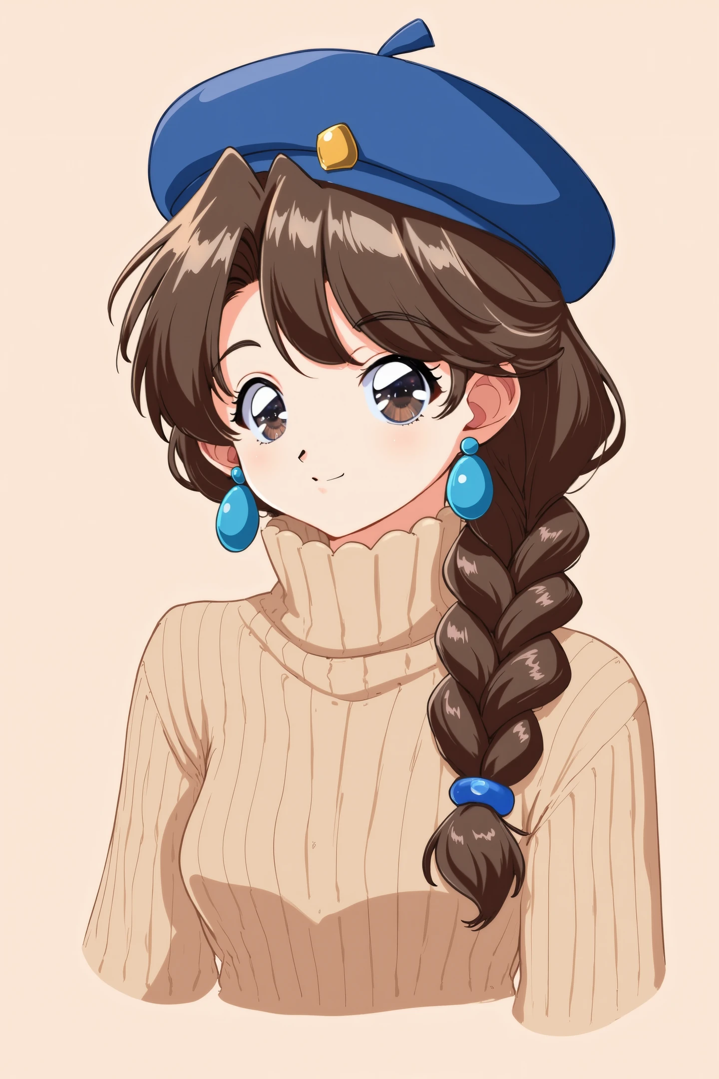 This is a digital drawing in an anime style, featuring a young woman with a gentle, serene expression. She has large, expressive brown eyes that are slightly glossy, giving a soft, dreamy quality to her gaze. Her hair is voluminous and styled in a thick, braided ponytail that drapes over her right shoulder, with the braid ending just below her waist. The hair is a rich, dark brown, with a glossy sheen that reflects light. She wears a blue beret adorned with a small golden emblem on the front, which adds a touch of elegance to her appearance. Her attire includes a beige, turtleneck sweater with a ribbed texture, which suggests a cozy, winter theme. The sweater is long-sleeved, and she is wearing large, blue, teardrop-shaped earrings that complement her outfit. The background is a plain, beige color, which ensures that the focus remains on the subject. The overall composition is clean and well-balanced, with no distracting elements, allowing the viewer to fully appreciate the character's features and attire.
<lora:hrn_yc:1>,