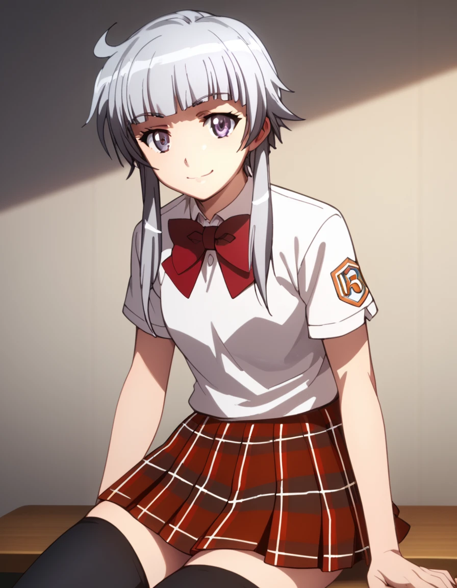 Kyou-Kagami, short hair, school uniform, purple eyes, grey hair, ahoge, blunt bangs, short hair with long locks, plaid skirt, black thighhighs, score_9, score_8_up, score_7_up, score_6_up, score_5_up, score_4_up, source_anime  <lora:Ben-Tou:1>, soft smile, portrait,