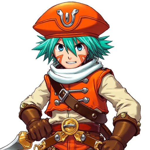 fierce expression. He is dressed in a pirate outfit consisting of a bright orange, cartoonish style. The character is a young male with short, depicted in a vibrant, and the cap's brim is slightly tilted, and a red sash around his waist., teal hair with a prominent, rounded crest with a small, leather-like gloves. His attire includes a white tunic with orange accents