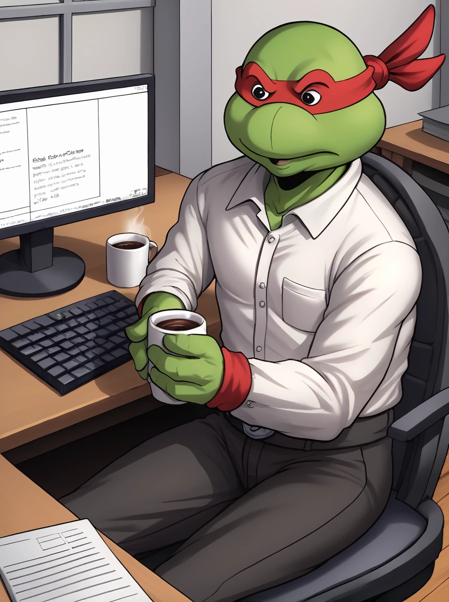 (tmnt),(Raphael:1.2),sitting at a desk,office,computer,coffee cup,keyboard \(computer\),mouse \(computer\),monitor,white shirt,black pants,fluorescent lighting,sterile,depressed, <lora:sdxlpony tmntsma v1:0.7>