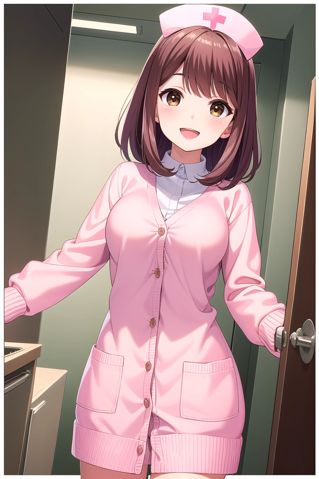 (masterpiece, best quality), highly detailed background, perfect lightingbest quality, shiinakokomi, solo, indoors, hospital, nurse, nurse cap, pink headwear, brown hair, swept bangs, medium hair, brown eyes, medium breasts, pink cardigan, open cardigan, pink dress, long sleeves, smile, open mouth, :d, pink lips, <lora:Shiina-Kokomi:0.7>