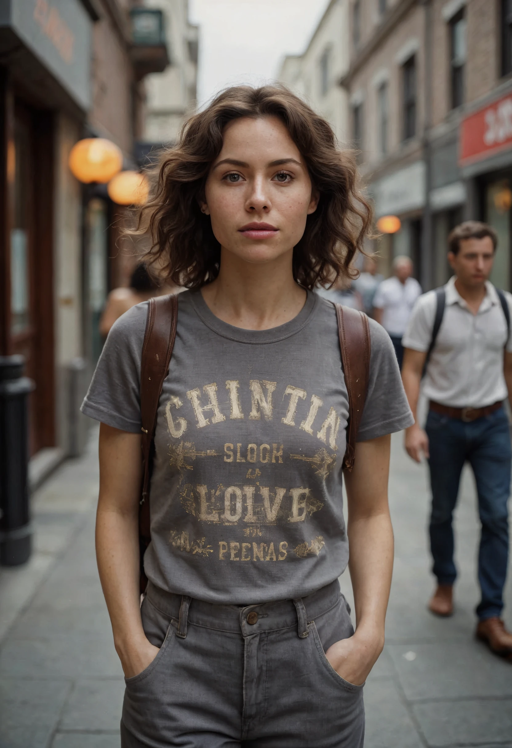 A close-up shot, styled by Zhang Jingna, captured on a Fujifilm X-T3 with Fujicolor Pro 400H film, showcases a Caucasian woman with blue eyes and a curly brown hair, wearing a bold graphic print T-shirt dress, casually walking down a bustling city street, her gaze directed slightly ahead, one hand tucked into her pocket, the other swinging naturally, the image framed tightly around her face and upper body, emphasizing her confident expression, with a muted background, natural soft lighting casting a warm glow on her face, a shallow depth of field blurring the background, and a muted low grain effect, evoking the feel of a Vogue magazine photoshoot, highlighting her as a beautiful girlfriend figure in a relaxed yet fashionable pose, with a focus on elegance and simplicity.