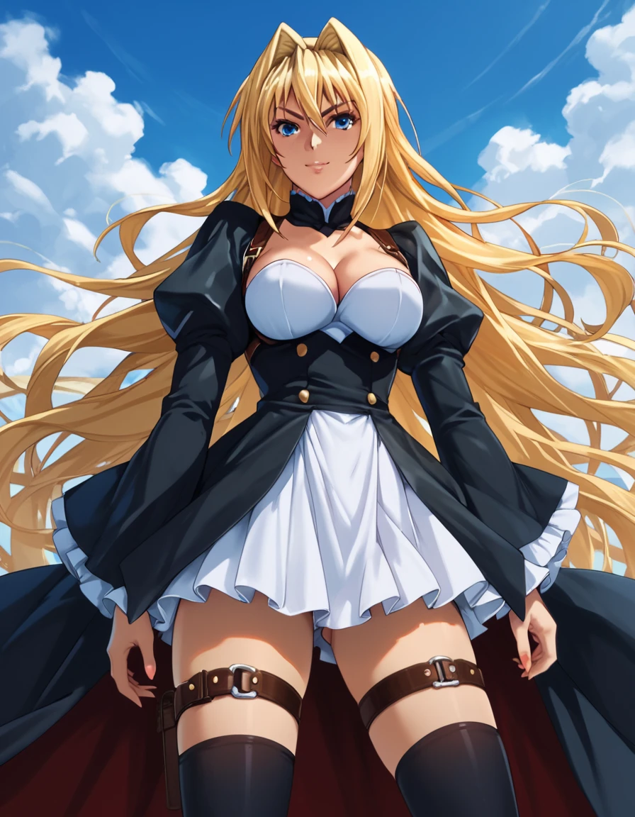 Tsukiumi, skirt, blonde hair, blue eyes, dress, thighhighs, cleavage, very long hair, thigh strap, hair intakes, score_9, score_8_up, score_7_up, score_6_up, score_5_up, score_4_up, source_anime  ,<lora:SekireiSet1:1>, soft smile, portrait,