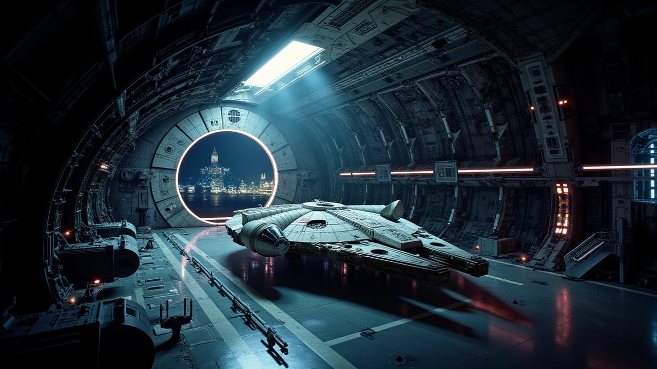 a photo of a millenium falcon ,standing in the hangar of a giant imperial destroyer,dramatic camera angle,star wars style,lucasfilm,intricate details, <lora:millenium_falcon:1>