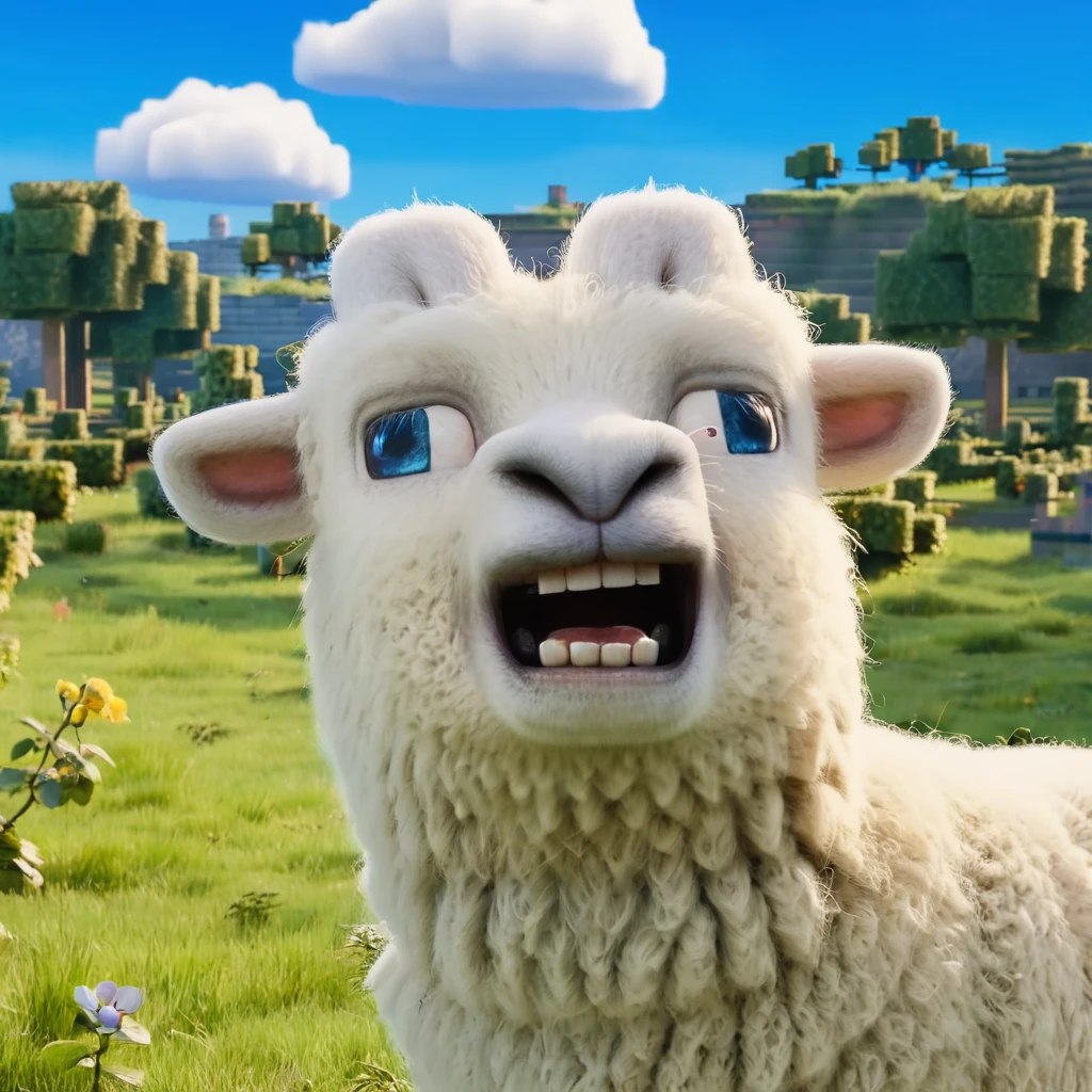 (Masterpiece,Best Quality:1.4),8k,(Movie-like footage,move photo:1.2),Hi-Res,kooo123, kooominecraft, upper body, blue eyes, flower, outdoors, sky, day, cloud, blue sky, tree, no humans, animal, teeth, scenery, realistic, white sheep horns, polar sheep, smile, blurry, blurry background <lora:Minecraft_v1_XL:0.9>