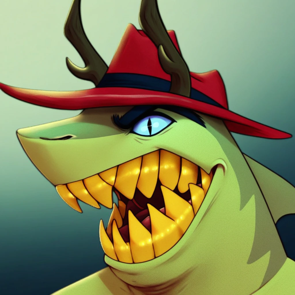 HB-Nickle, solo, furry male, shark, horns, sharp teeth, yellow teeth, red hat, face focus, close-up, detailed, smiling,