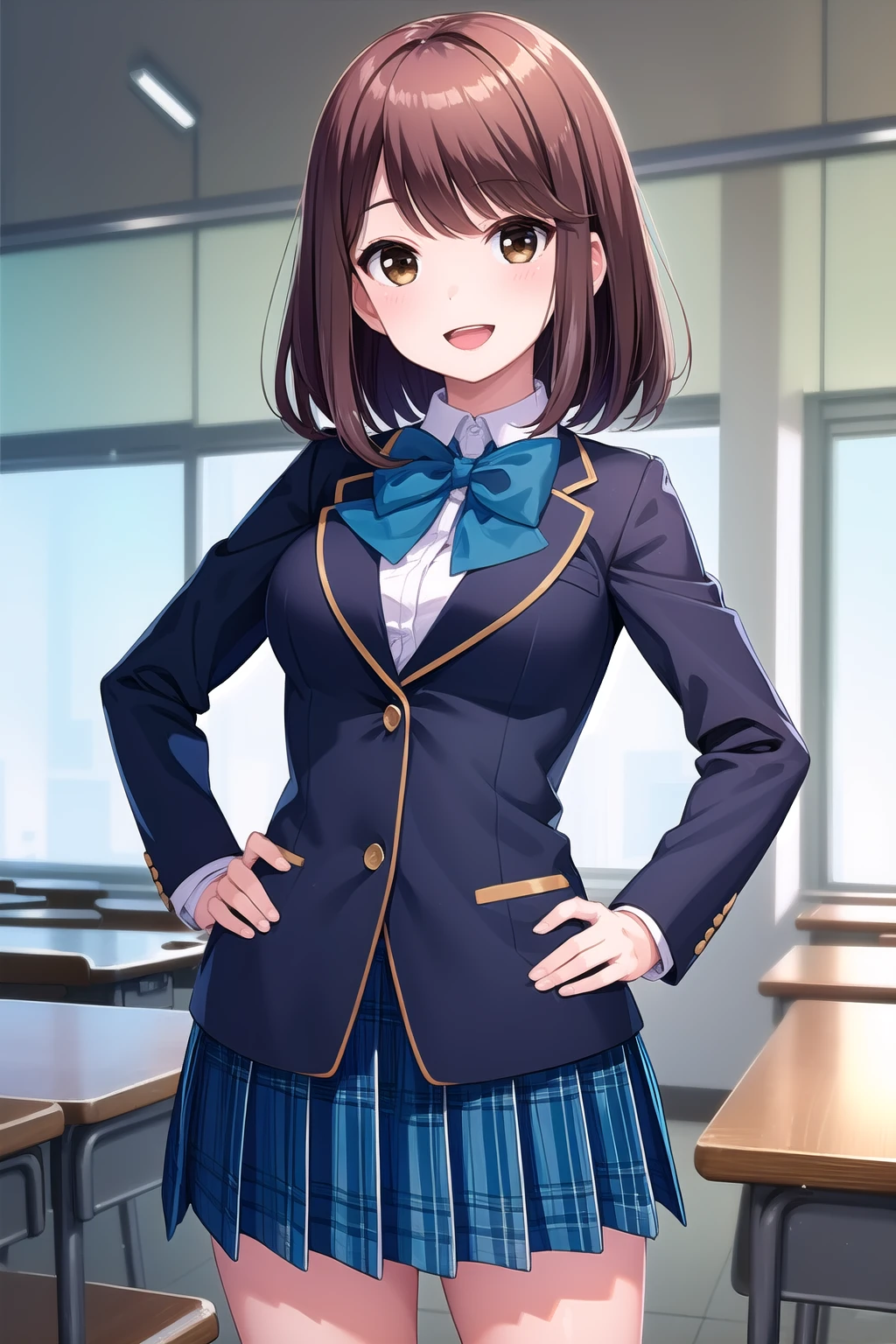 (masterpiece, best quality), highly detailed background, perfect lightingbest quality, shiinakokomi, solo, indoors, classroom, brown hair, swept bangs, medium hair, brown eyes, medium breasts, blue jacket, blazer, blue bowtie, collared shirt, white shirt, (hands on hips:1.1), blue skirt, plaid skirt, school uniform, smile, open mouth, :d, pink lips, <lora:Shiina-Kokomi:0.7>