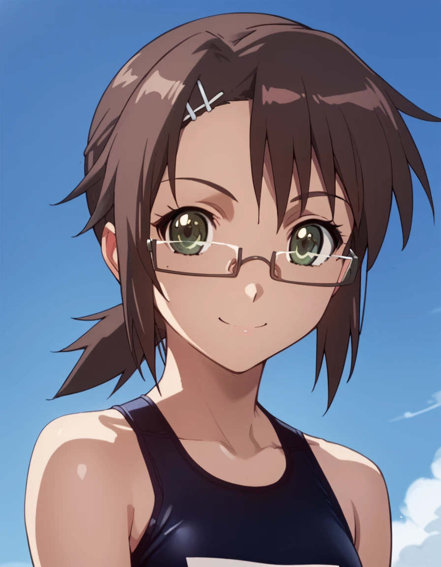 Hana, short hair, brown hair, hair ornament, green eyes, school swimsuit, ponytail, glasses, one-piece swimsuit, score_9, score_8_up, score_7_up, score_6_up, score_5_up, score_4_up, source_anime  <lora:Ben-Tou:1>, soft smile, portrait,