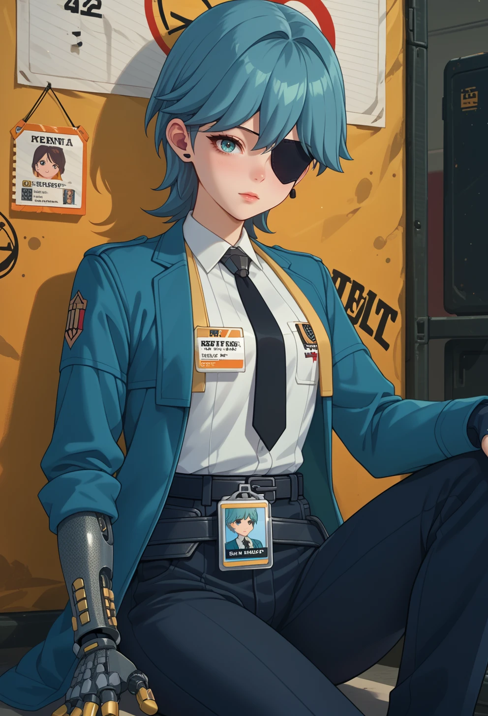 score_9, score_7_up, source_anime, BREAK <lora:AEOfelia:0.7> AEOfelia, aqua eyes, blue eyes, blue hair, short hair, prosthetic arm, single mechanical arm, eyepatch, earphones, blue jacket, long sleeves, black necktie, collared shirt, white shirt, shirt tucked in,
black gloves, fingerless gloves, belt, id card, black pants, black footwear, shoes,