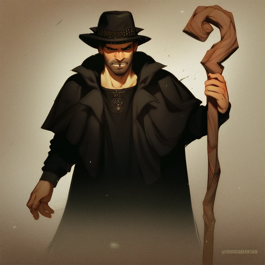 score_9, score_8_up, score_7_up, score_6_up, harry dresden, solo, hat, 1boy, male focus, facial hair, beard, staff, black hair