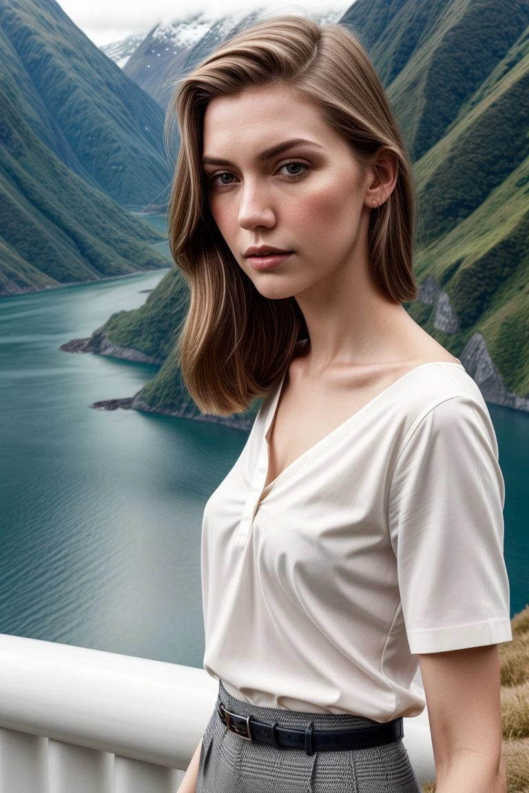 European woman, closeup, sandals, (shirt), pants, (niagara falls), ZM_vilde, wide shoulders, perfect face, (contact iris: 1.1), pale skin, skin pores , depth of field