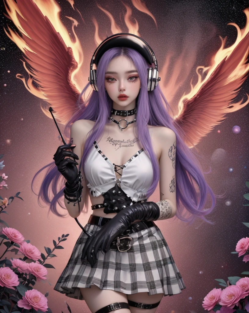 1girl, belt, black gloves, bow, choker, collar, fiery wings, fishnet legwear, flame, flower, flower ornament, headphones, holding instrument, jewelry, long hair, looking at viewer, makeup, plaid, purple hair, sheet music, skirt, sky, solo, space helmet, spider web, spikes, tattoo
 <lora:Street_Art_Portrait:0.8>
 <lora:LCM_LoRA_Weights_SD15:1>