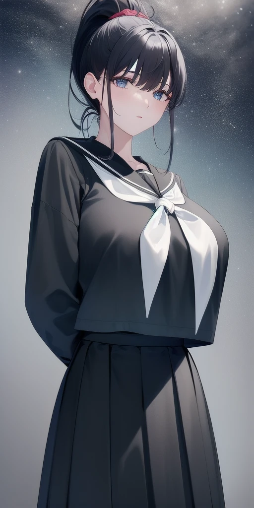 <lora:AchikaV7:0.7> masaki_achika_high_ponytail, huge_breasts, standing, solo, arms_behind_back, starry_sky, black_shirt_black_sailor_collar_white_neckerchief_long_sleeves_black_long_skirt, masterpiece, best_quality, detailed_face, detailed_eyes, highres, beautiful, detailed, absurdres,