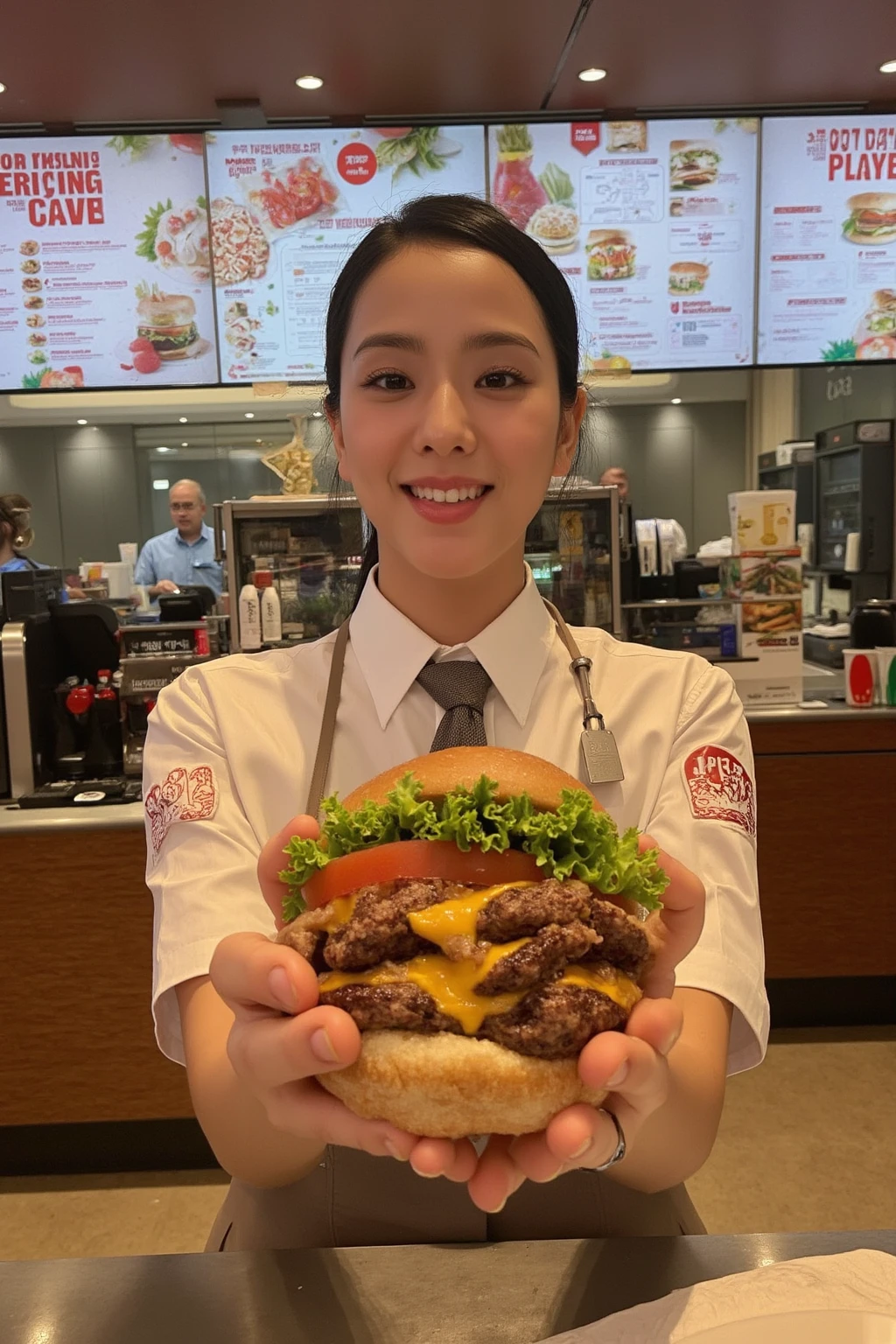 Instagram photo of a young woman J1500 working at McDonald's promoting a burger she’s holding. She’s dressed in a McDonald's uniform, standing behind the counter with a warm smile. The background features the familiar McDonald's decor, with menus displayed above and other fast-food items visible. The atmosphere is busy and energetic, with customers in the background. The burger she’s holding is prominently displayed, highlighting its fresh ingredients and delicious appeal.