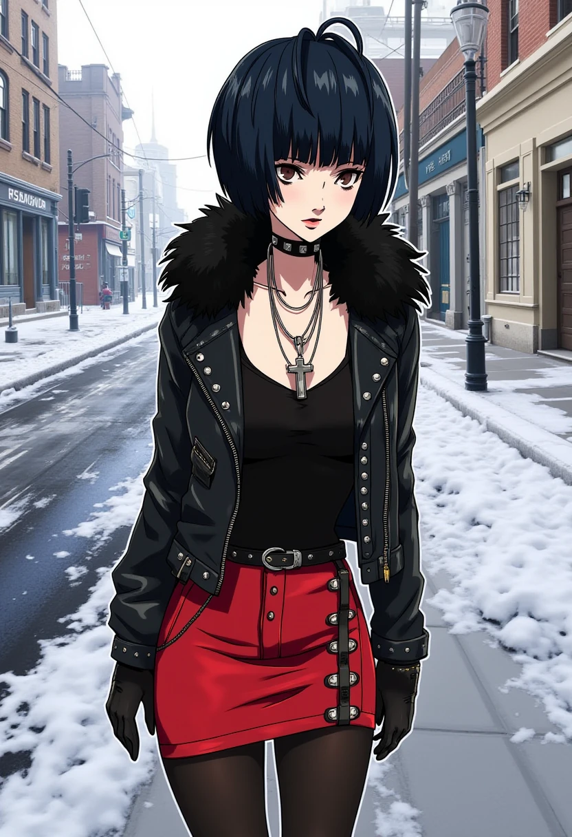 Anime style, sharp, high contrast and highly detailed. Ghibli anime style. Perfect anatomy. Perfect body ratio. No oversized head. No blurry, out of focus pictures. No simple background, no single color background.
takemi_tae is standing on empty city street scene after snow.  She is wearing a black leather jacket with a fur-lined collar, adding a bit of warmth and texture to the look. The jacket also features studded details, giving it a punk or rocker vibe. Underneath, the character wears a bright red mini skirt, which contrasts with the darker elements of the outfit. Black tights and ankle-length black boots complete the look, along with accessories like a choker and cross necklace, which further enhance the edgy, alternative aesthetic. The overall look is bold, stylish, and contemporary, combining casual and rebellious elements.
 <lora:Tae Takemi_epoch_5:1>