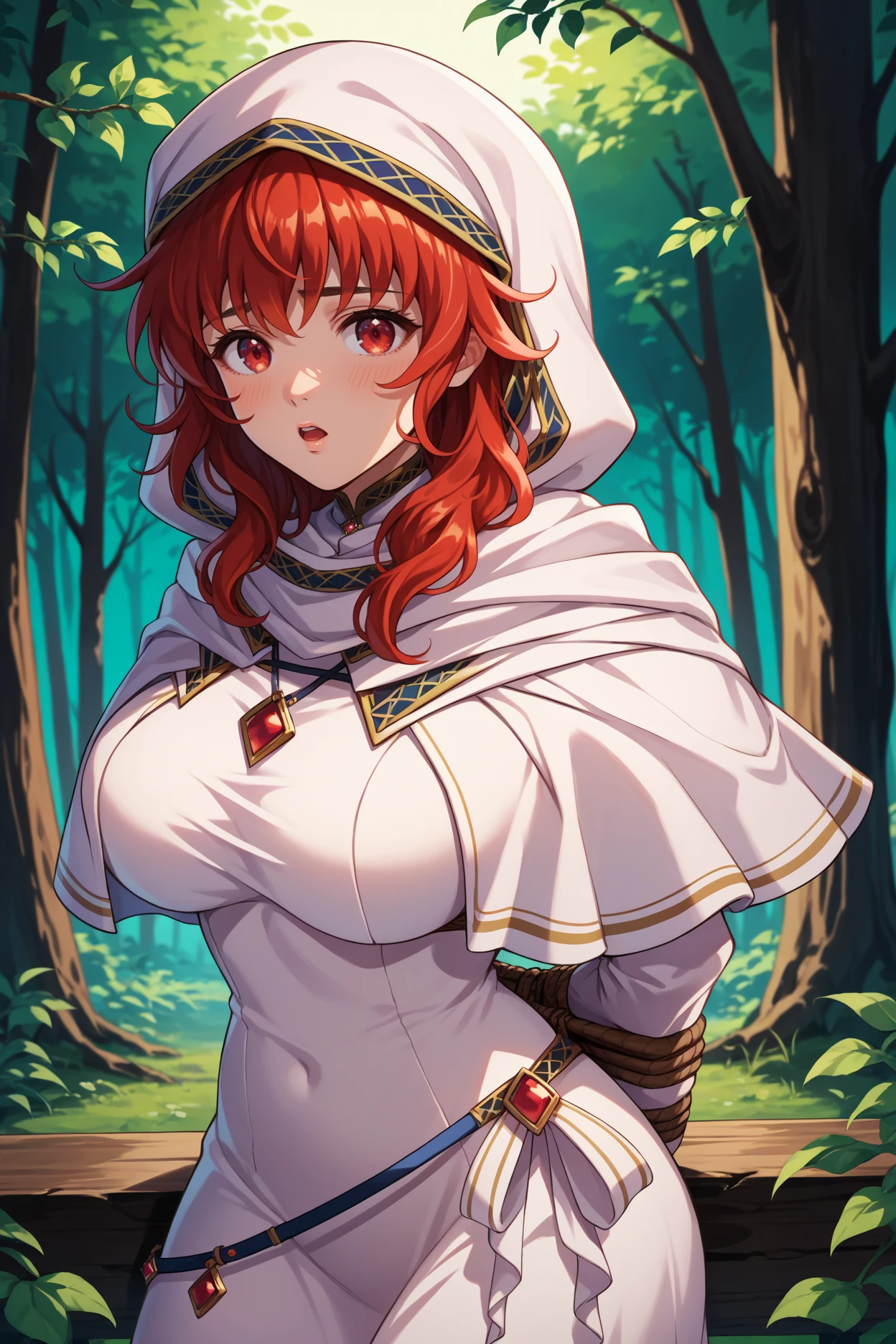 score_9, score_8_up, score_7_up, score_6_up, source_anime, 1girl, solo,  <lora:felena-pdxl-nvwls-v1-000004:1> feLena, red hair, long hair, red eyes, hood up, white robes, white capelet, long sleeves, pendant, long dress, upper body, big breasts, chestnut mouth, restrained, tied up, forest, blush, looking at you, night