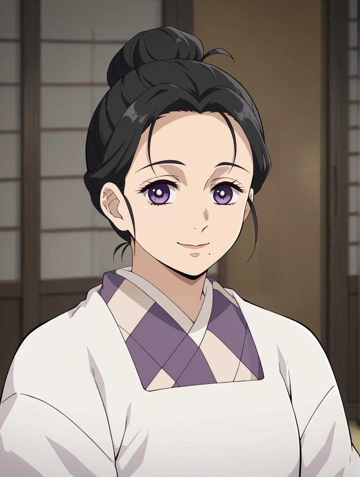 <lora:Kie_Kamado-Kimetsu_no_Yaiba:0.7>,kie,mature female,1girl,solo,purple eyes,black hair,mole under mouth,hair bun,kimono,upper body,looking at viewer,indoors,smile