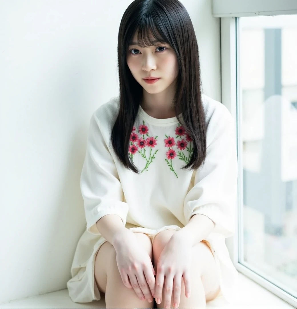 shizuki, The image is a portrait of a young woman with long dark hair and bangs. She is sitting on a window sill with her legs crossed and her hands resting on her knees. The woman is wearing a white blouse with red flowers on it. She has a serious expression on her face and is looking directly at the camera. The background is a plain white wall. The overall mood of the image is calm and serene.