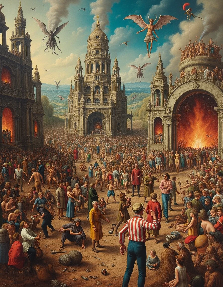 <lora:Wheres_Hieronymus_V3:1>  realistic painting, highly detailed and sharp, multiple groups of people in hell, pain wheels, strange building, flying creatures in the sky, strange creatures torture people, somewhere in the painting where's waldo is hiding slightly out of view wearing a horizontal stripped shirt and hat, glasses.