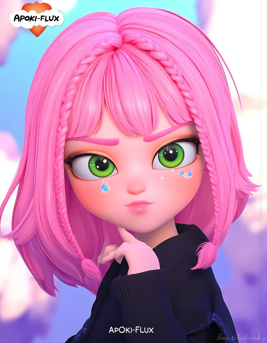 (ANIME STYLE:1.5),<lora:Jixar_flux_v2:1>,<lora:Anime_detail_eye:1>,(A beautiful 15-year-old girl with shoulder-length pink hair styled in an elegant manner along with a braid bordering her bangs:1.1),
<lora:FLUX_APOKI:1>,She has playful and expressive green eyes with a slightly teary look with a hint of pink shoulder length hair styled in an elegant manner along with a braid bordering the bangs,visible underneath a dark jacket or cardigan,Computer generated digital illustration featuring a girl with distinctive,sparkling green eyes with a hint of mischief in her expression. Her hair is a vibrant,bright pink,
(BOTTOM LEFT OF THE IMAGE WITH ARTISTIC SHAPES THE PHRASE: "APOKI-FLUX":1.5),