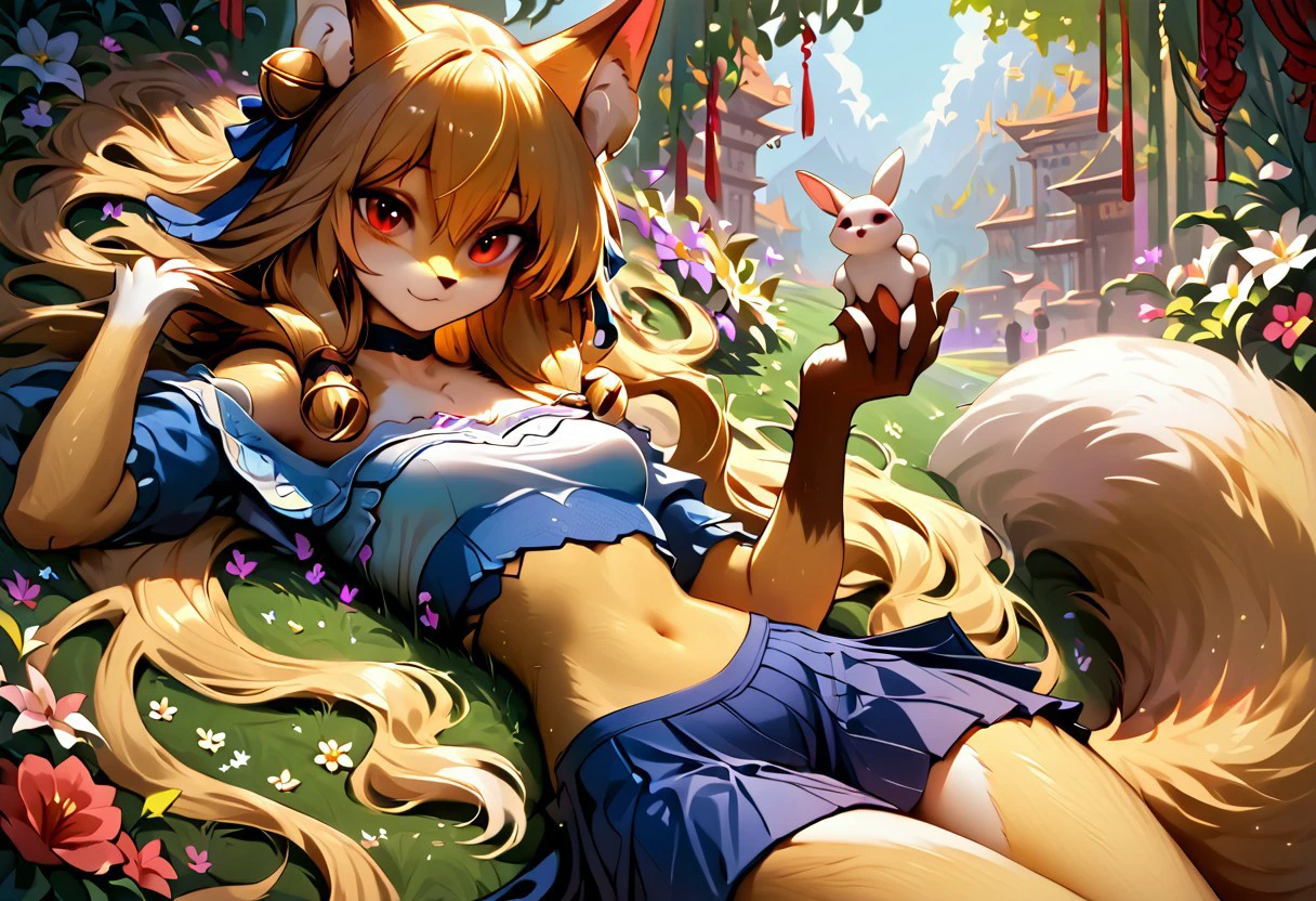 1girl, tail raised, furry female, fox tail, smile, long hair, hair bell, only furry, furry girl, animal ears, 1tail, fluffy tail, smile, red eyes, medium breasts, narrow waist, bare shoulders, off-shoulder shirt, crop top, black choker, blue skirt, pelvic bone, lowleg skirt, short skirt, score_9, score_8_up, score_7_up, solo, masterpiece, detailed background, upright, seated, framed in flowers, circuitry in background, yellow hair, looking at viewer, many flowers in hair, holding rabbit, white rabbit, yellow body, (lying in flowers), butterfly, small breasts,  joyful, light smile,