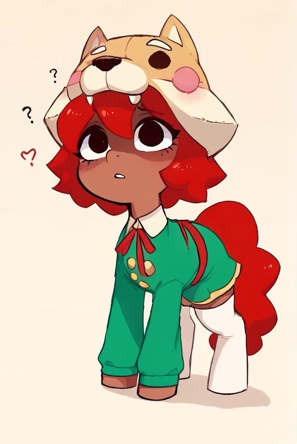 score_9, score_8_up, score_7_up, <lora:shinita:1> shinita , 1 girl , dark-skinned female, red hair, no pupils, green dress, long sleeves, white thighhighs, red ribbon, shaded face, ,dog headwear , confused, looking at viewer, randoseru, heart, <lora:SyrupyyyArt:1>syrupyyy (horse girl, pony female , pony:1.1) ,all fours,