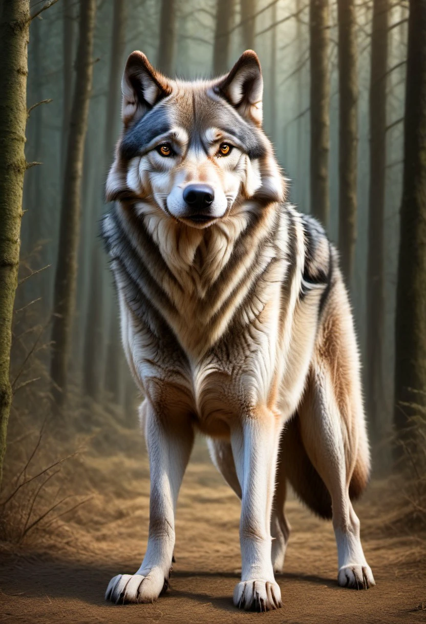 realistic image with high quality, excellent resolution, clear, detailed and well-focused images, detailed and correct anatomy, depicting a huge ((wolf )),dark,siphi tones,golden hour,forest river background,ultra-detailed image,fury expression aggression